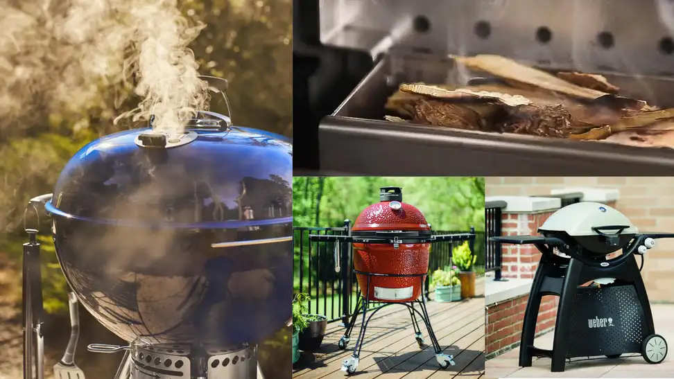 Several images of grills, including a close up of a blue grill emitting smoke.