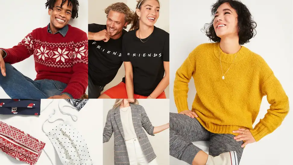 Several images of the sweaters, t-shirts, and blazers you can get from Old Navy.