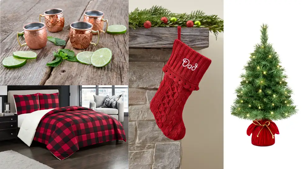 Several holiday items from Walmart including a plaid bedspread, a mini tree, a stocking, and mini mule mugs.