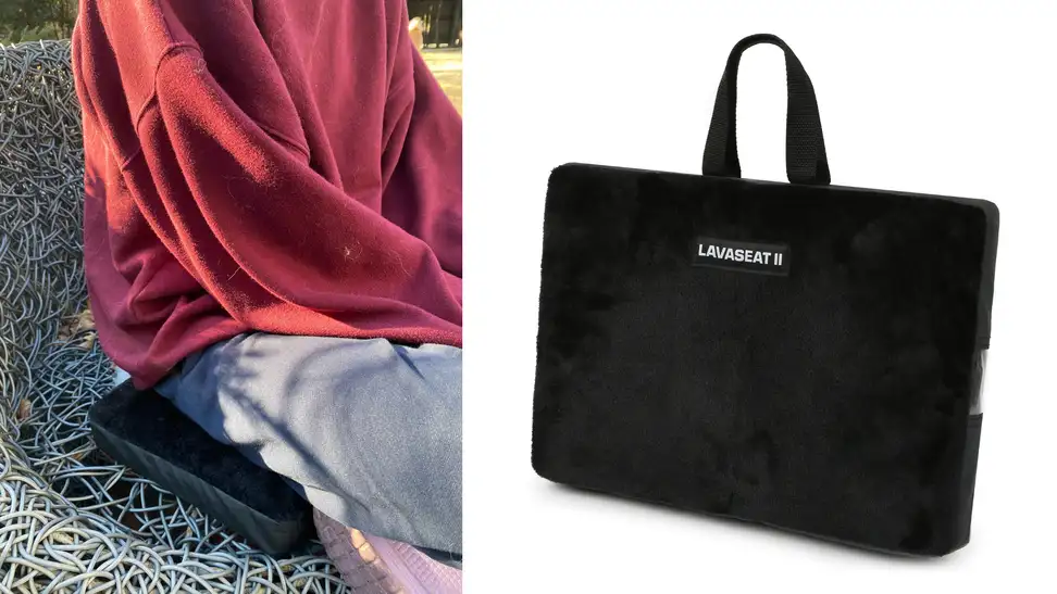 A girl sits on the heated cushion, next to an image of the heated cushion in its carry case