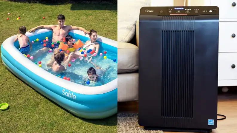 Kids playing in inflatable pool and air purifier in a room.