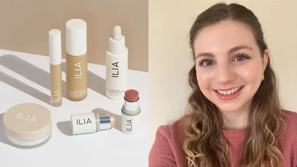 A grouping of Ilia Beauty products and the author after applying the Ilia makeup.