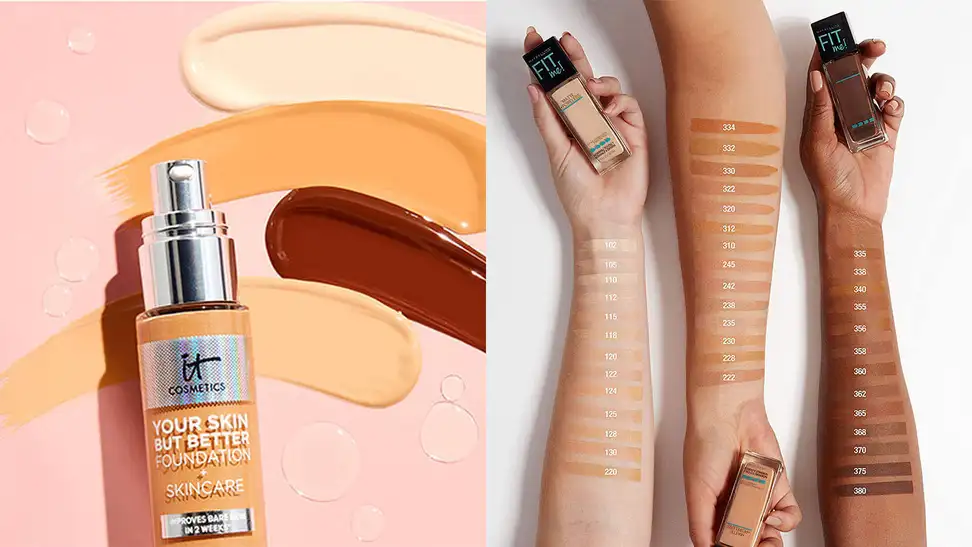 On the left: The It Cosmetics Your Skin But Better Foundation + Skincare lays on a pink background with swatches of four different shades above the bottle. To the right: Three arms of pale, medium, and dark complexions lay across a white background with swatches of the Maybelline Fit Me Matte + Poreless Liquid Foundation on their arms. Each hand holds a different shade of the foundation.