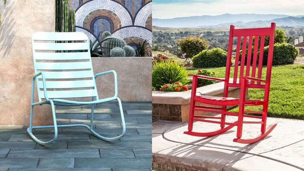 Left: Aqua metal rocking chair; Right: Red wooden rocking chair