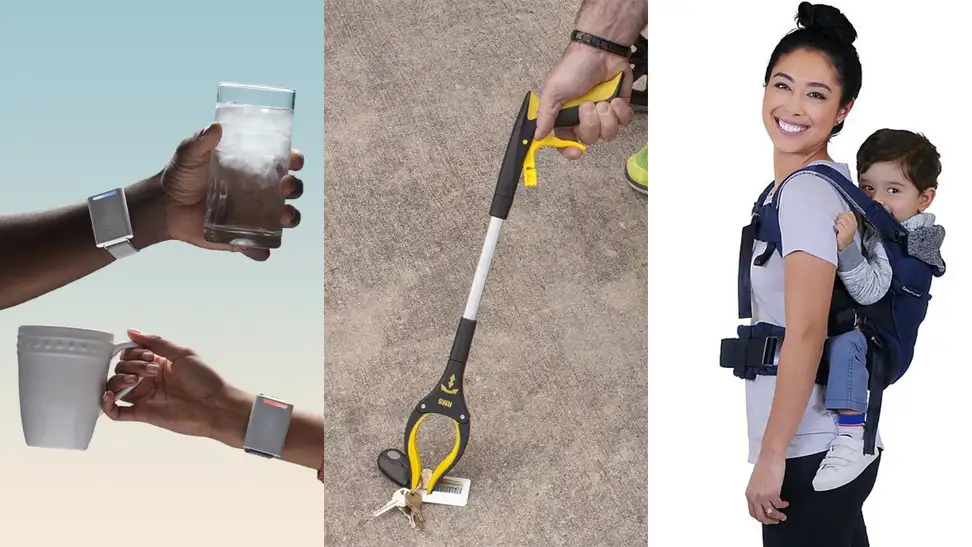 (Left) Two arms reach out holding cups whilst wearing the Embr Wave Bracelet. (Center) An arm reaches out using a grabber to hold fallen keys. (Right) A parent carries their infant with a baby carrier.