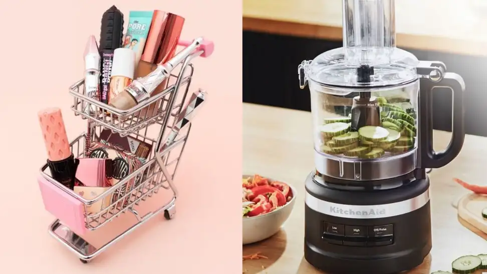 (left) A Benefit Cosmetics makeup carrier in the shape of a shopping cart. (right) A KitchenAid processes vegetables in a kitchen.