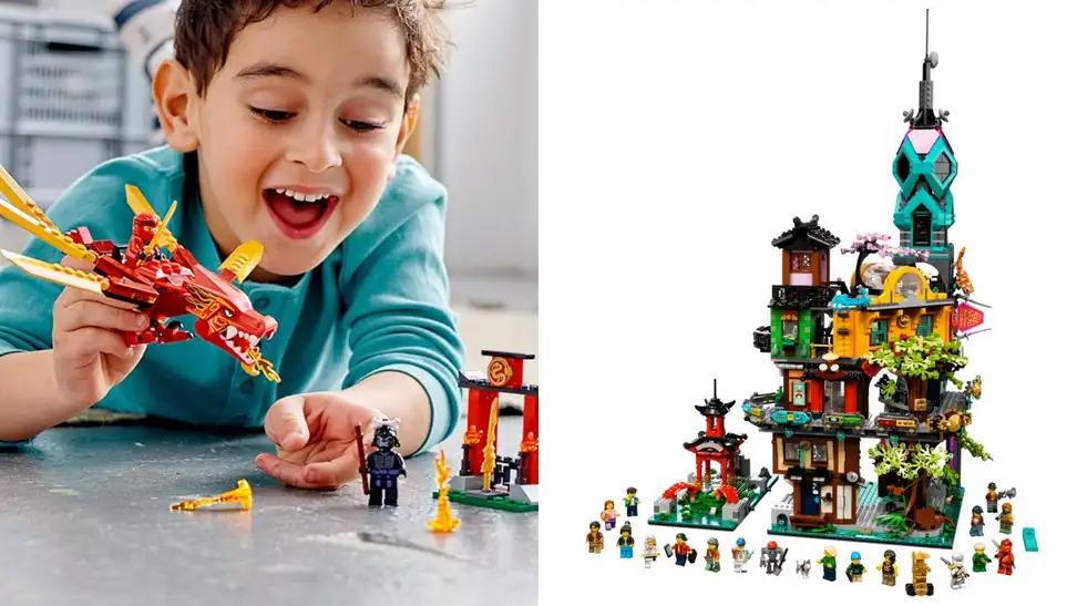 One one side a child plays with a Lego Ninjago set that's a Ninjago dragon. On the other is the five-level Ninjago City Gardens delux set. l