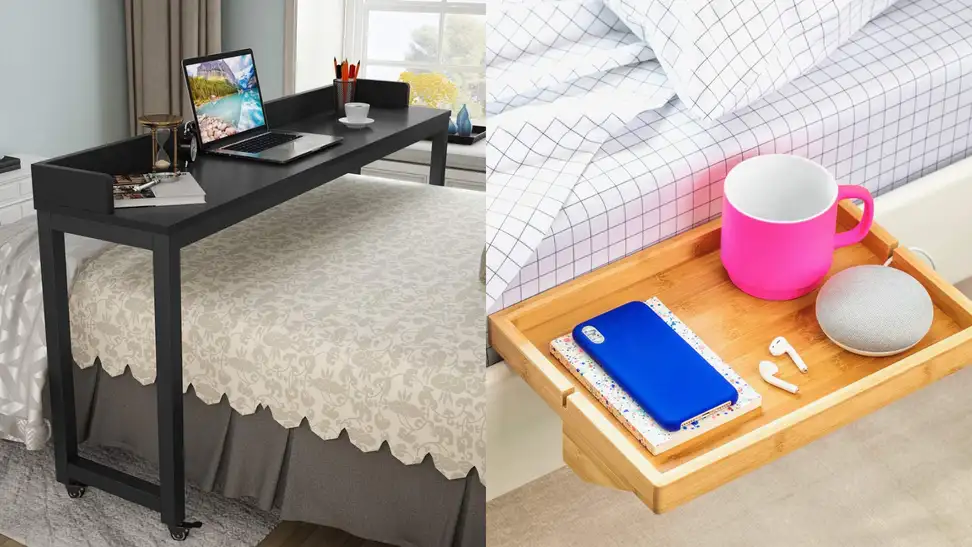 Long desk hanging over queen sized bed / BedShelfie attached to bed with phone and various items on it.