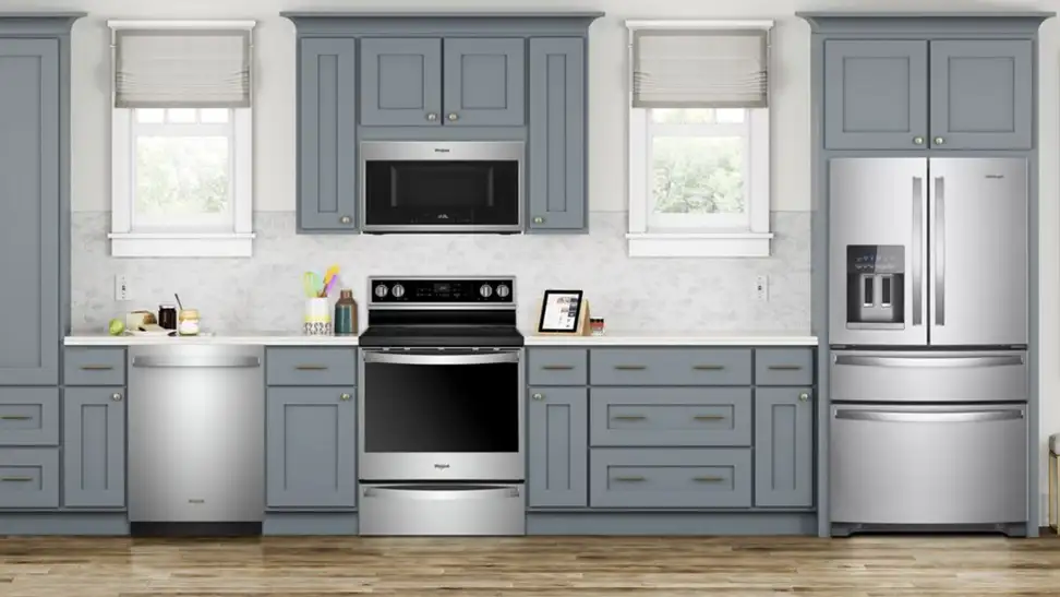 A clean, modern kitchen full of Whirlpool appliances