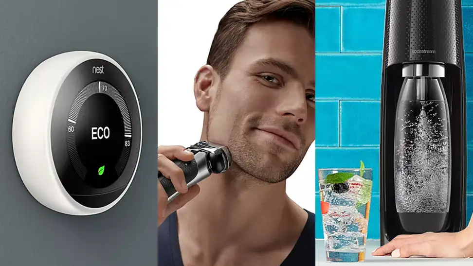 A Google Nest thermostat hangs on a wall. A person shaves their beard with a Braun electric razor. A SodaStream sits on a counter.