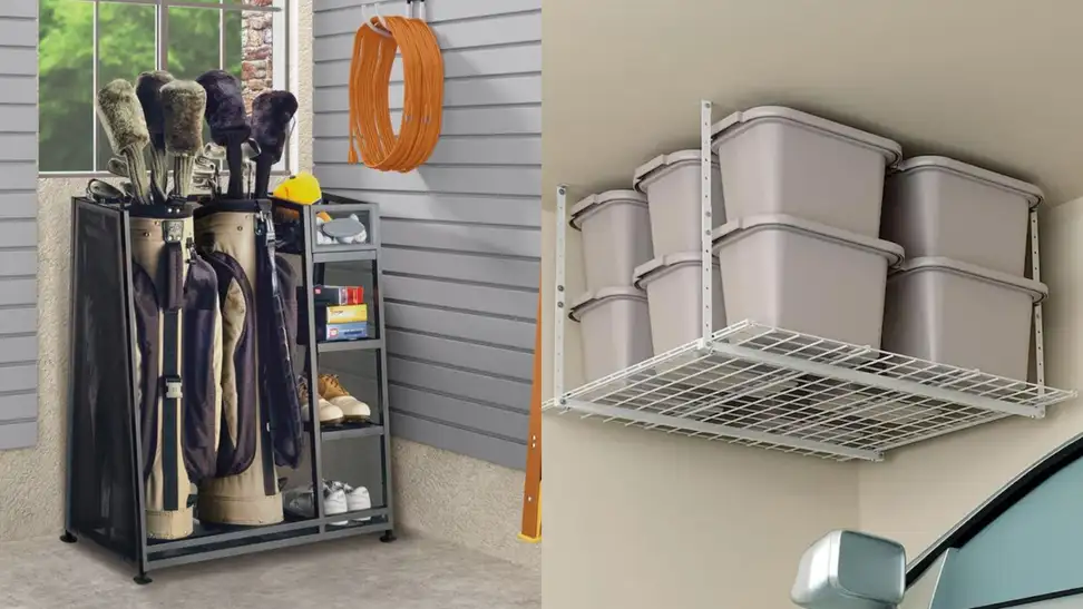 Left: golf organizer with golf clubs and accessories in a garage, Right: bins sitting on an overhead storage unit in a garage