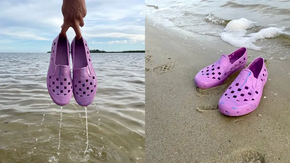 water dripping out of pair of Vans Trek Slip-Ons, pair of Vans Trek Slip-Ons on beach shore