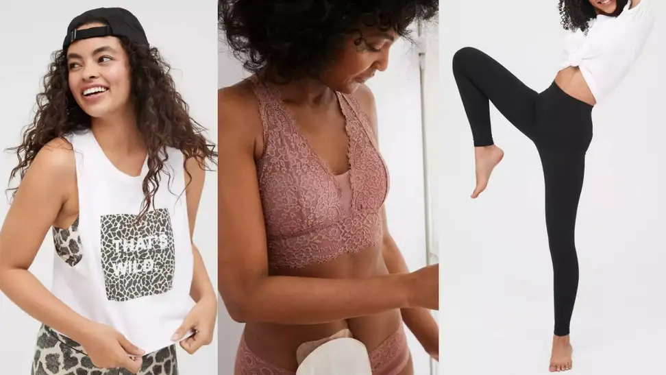 Left: Cropped Tank Top; Middle: Lace Bralette; Right: High-Waisted Leggings