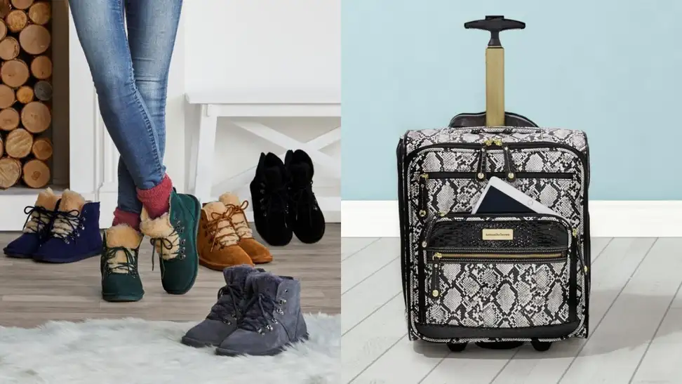 a pair of Bearpaw boots and carry on luggage