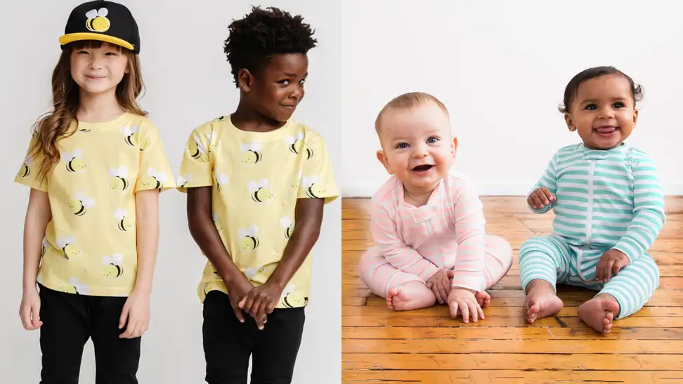 Left: a girl and a boy in matching yellow shirts with bees on them. The girl is on the left, and the boy is on the right. The girl is looking straight forward, is wearing a black baseball cap with a bee on it, and is smiling. The boy next to her has his hands crossed in front of him, has his head facing away from her and is smiling shy. Right: two babies sitting on a hardwood floor. On the left there's a white baby with a pink and white striped long sleeve onesie, and on the right there's an Indian baby with a green and white striped long sleeve onesie.