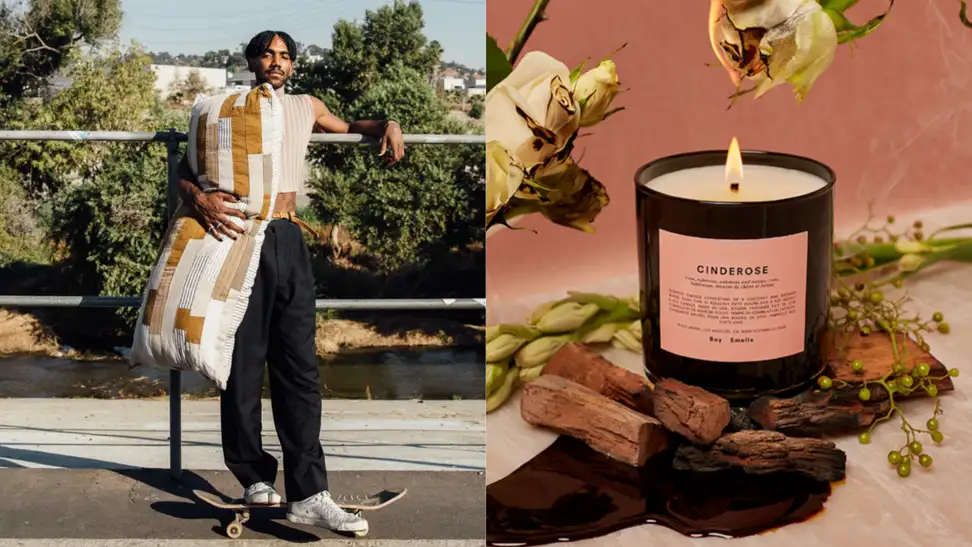 Left: person holding large body pillow with patchwork, Right: Boy Smells candle burning around flowers