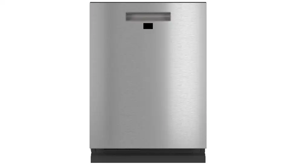 A straight-on shot of the Café CDT875M5NS5 dishwasher, floating in a white void. Its Platinum Glass facade is almost bare, save for its pocket handle and a tiny LCD readout.