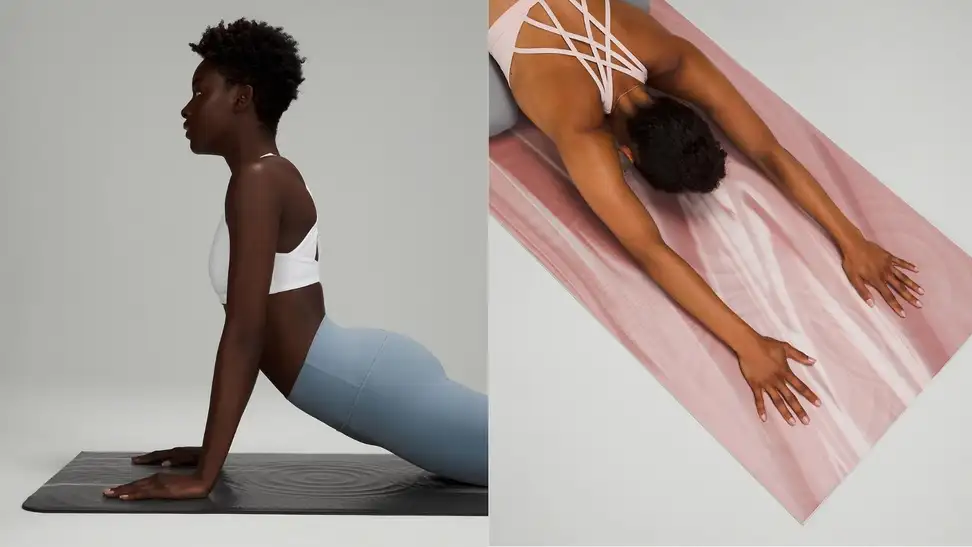 left: woman practicing on lululemon take form mat. right: woman in child's pose on take form mat.