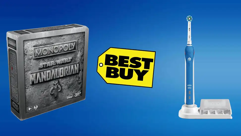 blue background with best buy logo, electric toothbrush and star wars monopoly