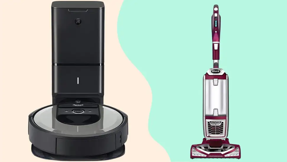 A robot vacuum next to a stand up vacuum, on a white and green background.