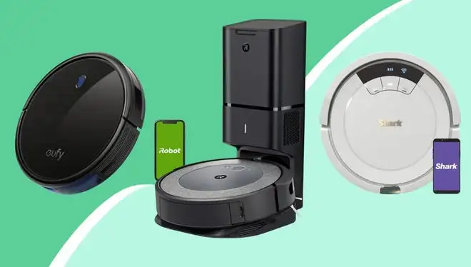 black eufy robot vacuum, black iRobot robot vacuum, grey Shark robot vacuum