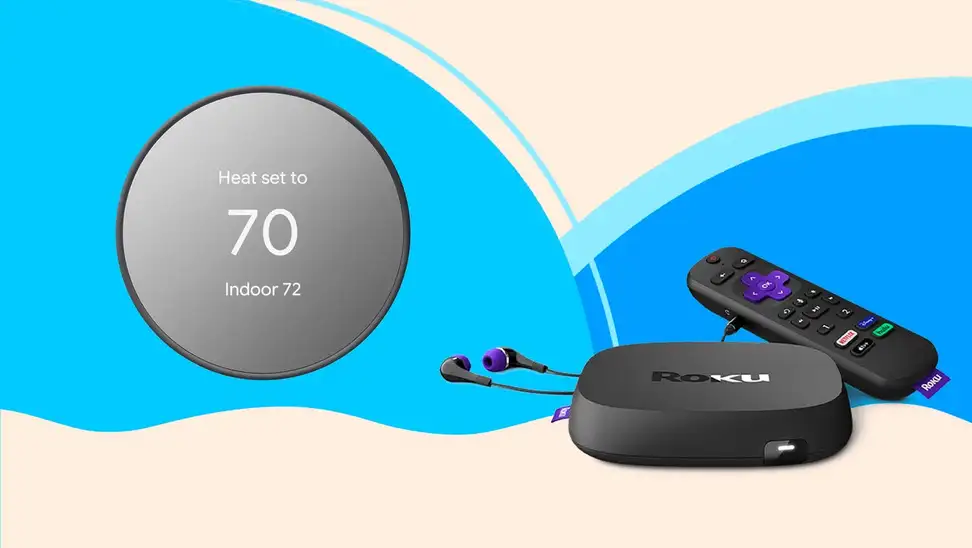 Water flosser, keurig, and speaker against a blue and yellow background