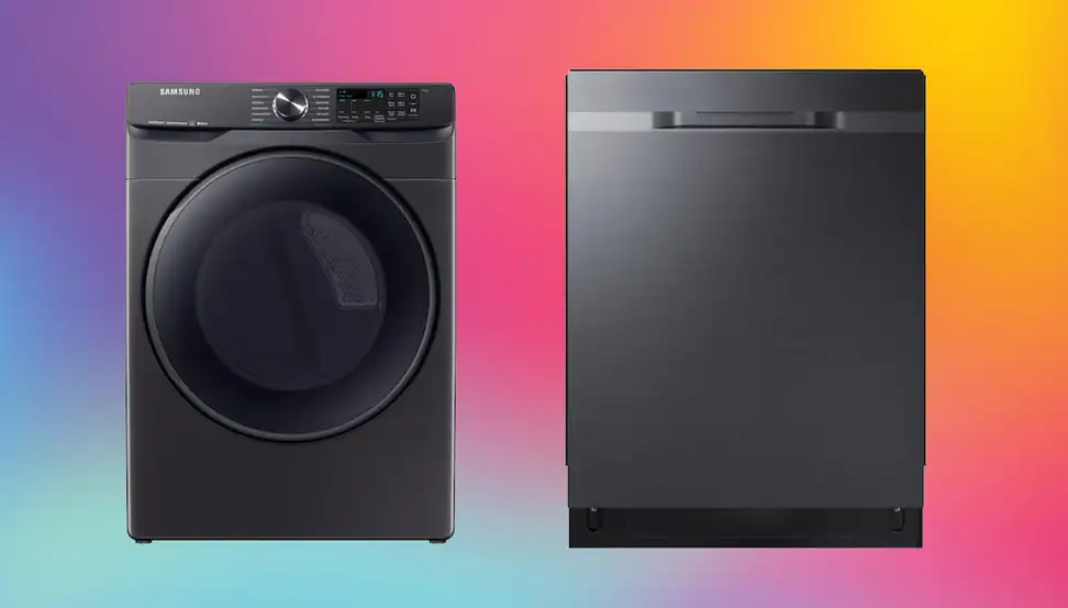 A matte black Samsung washing machine next to a matte black Samsung dishwasher, on a multicolored background.