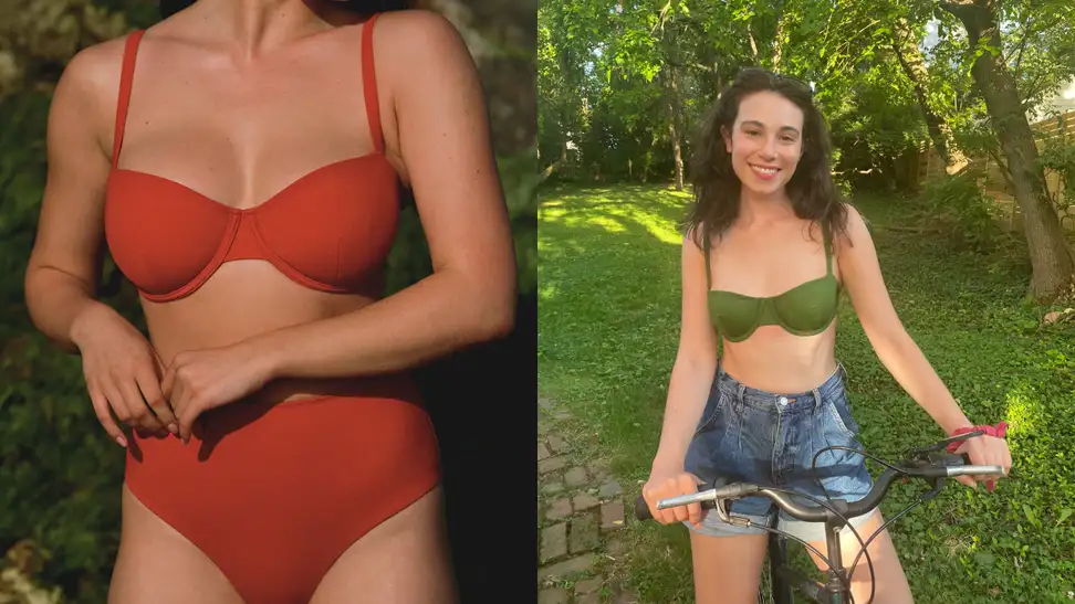 Left: woman wearing red cuup bathing suit. right: woman wearing green cuup bathing suit.