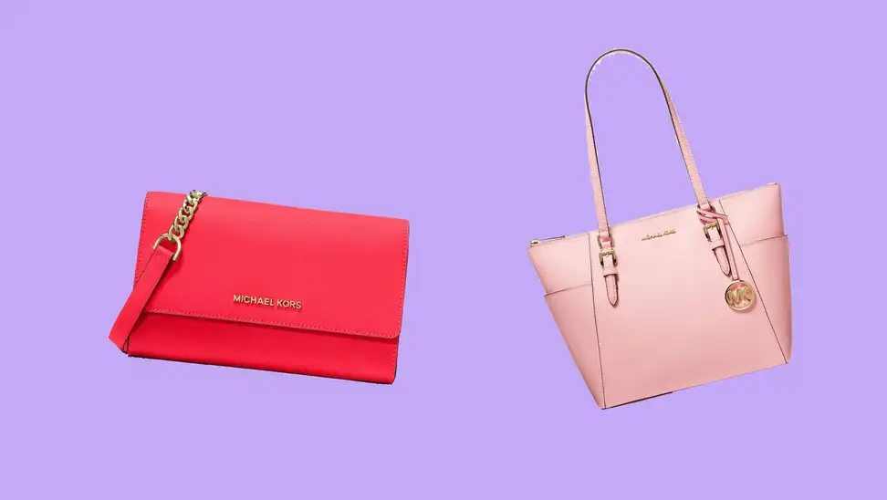 Pink designer bags against a purple background