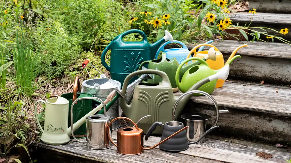 13 watering cans of different colors and sizes sit clustered on wooden steps in a garden