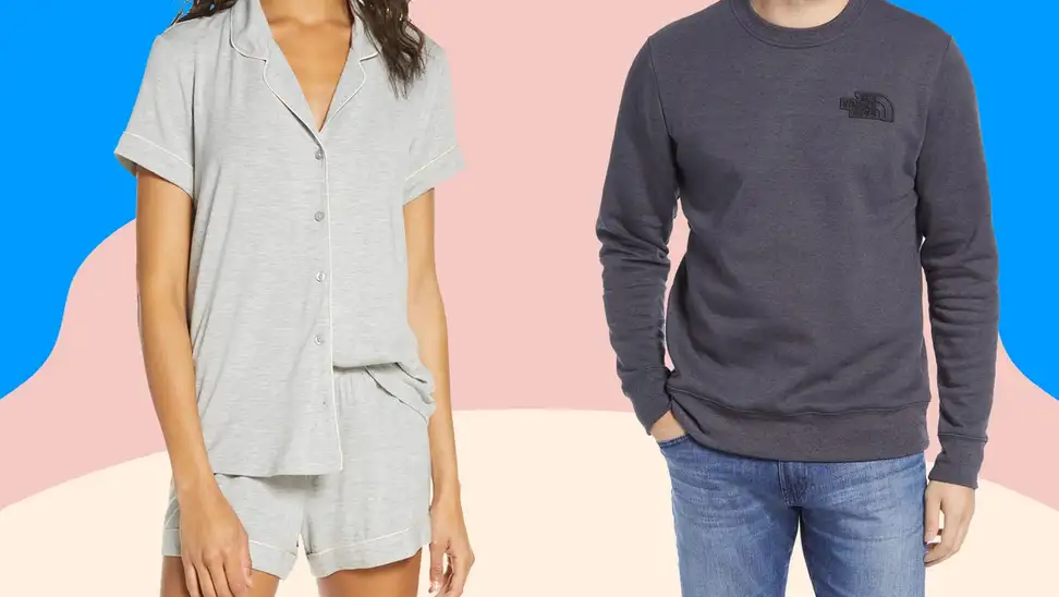 Women's pajamas and a man's long-sleeve shirt against a pink and blue background