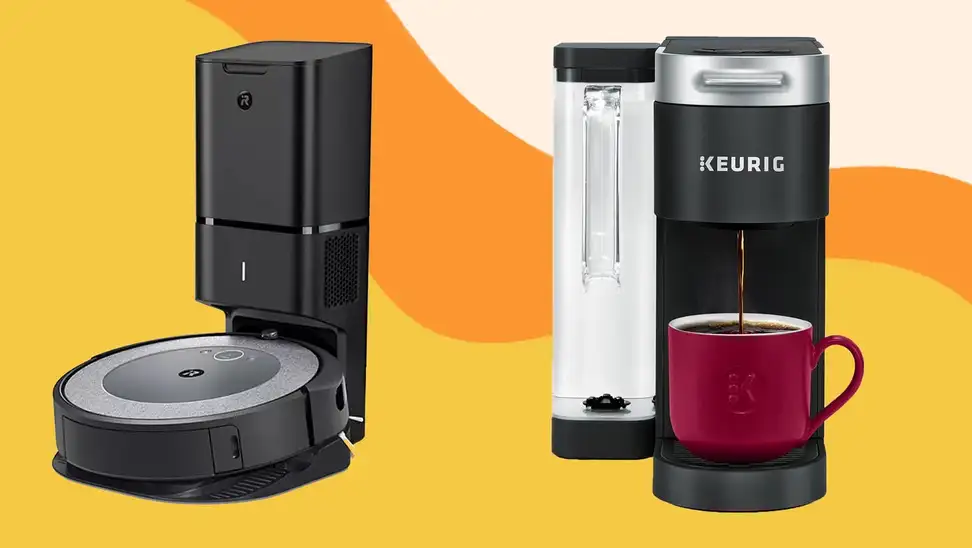 Robot vacuum and Keurig against a yellow and orange background