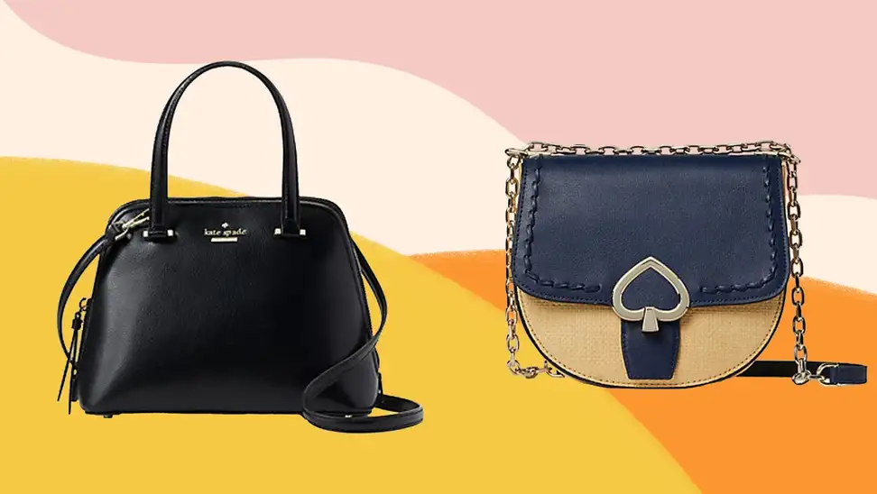Two leather Kate Spade bags against a pink, orange and yellow background.