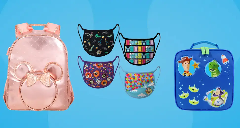 blue Mickey Mouse background with pink backpack, toy story lunchbox and pixar face masks