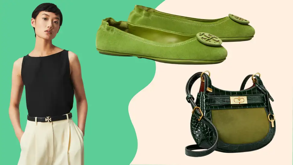 A model wears a black. top and white pants; a pair of green ballet slippers; a green purse.