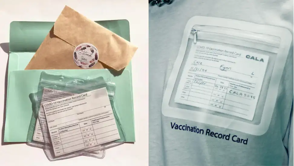 Clear card holder in front of envelope. On right, clear card holder on T-shirt.