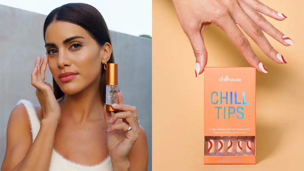 On the left: The founder of Elaluz holding a skincare bottle. On the right: A hand reaching down to a set of Chillhouse press-on nails.