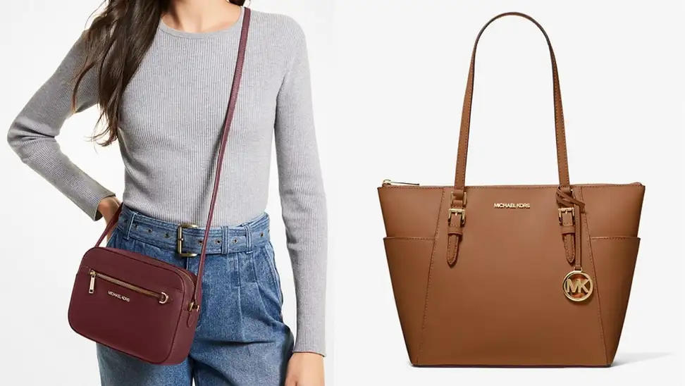 On right, person wearing burgundy leather crossbody bag. On right, tan tote purse.