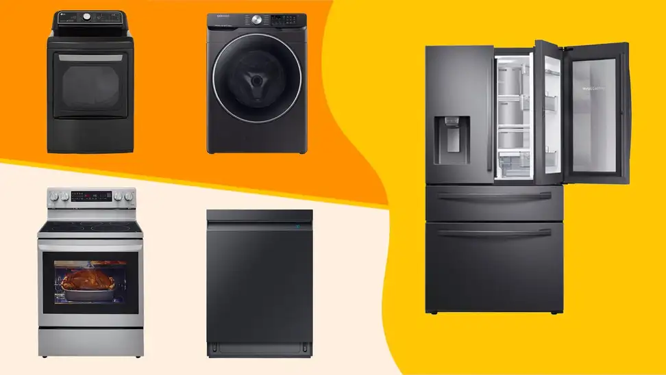 Two stoves, a dishwasher, a washing machine, and refrigerator against an orange and yellow background.