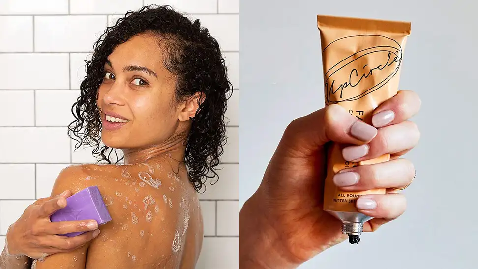 On the left: A person holding a purple bar soap up to their shoulder and washing their body. On the right: A hand squeezing a tube of face scrub.