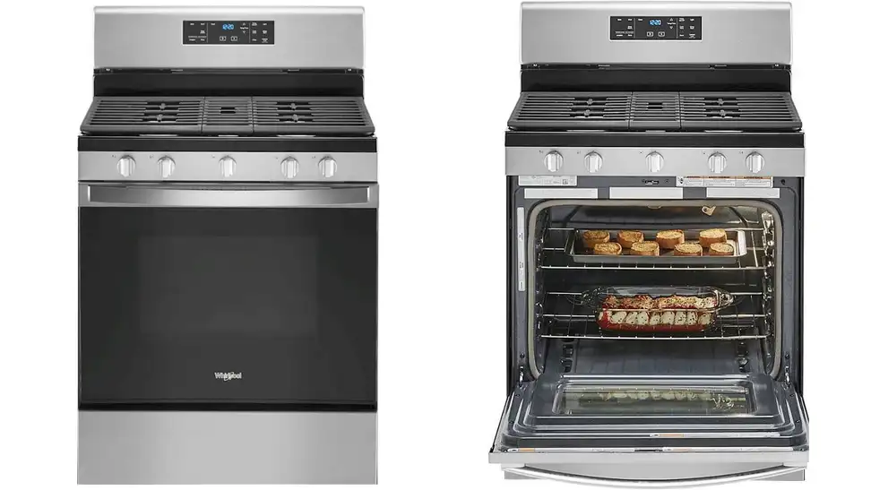 On the left, the Whirlpool WFG535S0JS gas range with its oven door closed; on the right, the Whirlpool WFG535S0JS with its oven door open and there's some bread and food on the two racks.