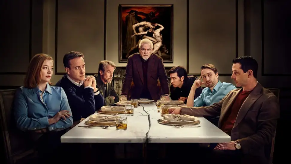 'Succession' cast sitting around a family table