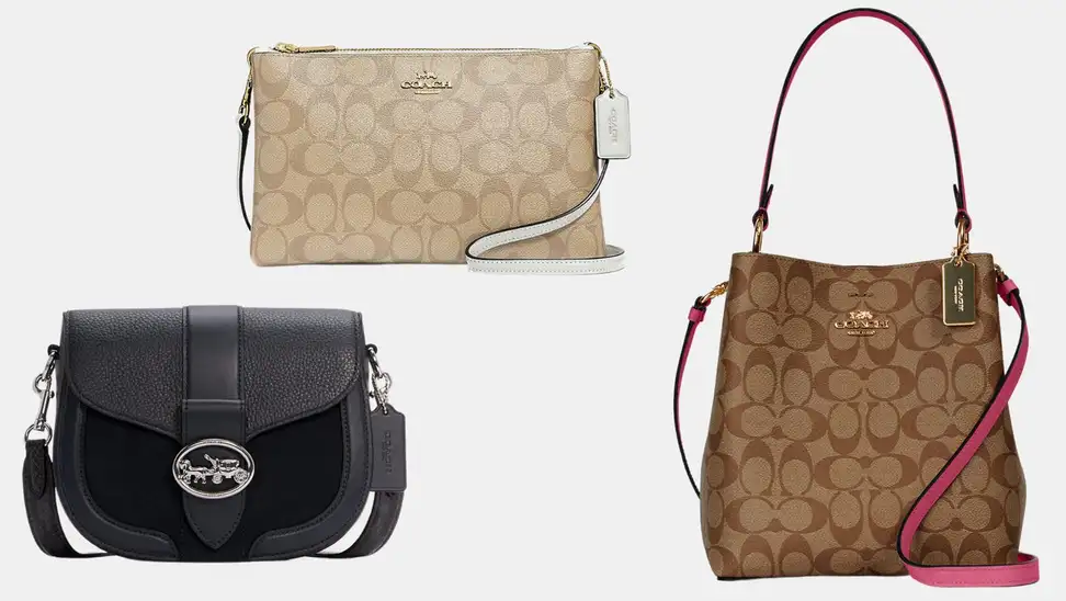 Assorted leather Coach bags in front of white background.
