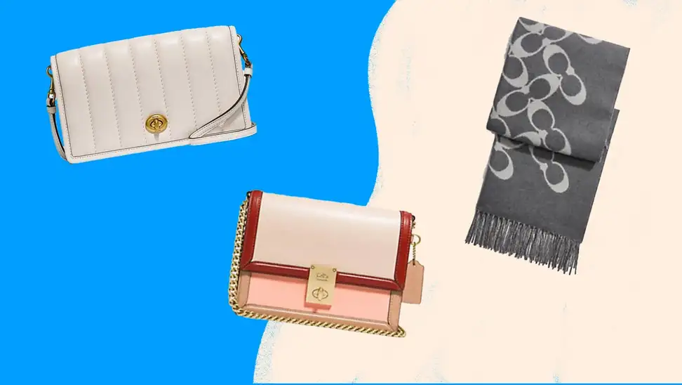 Stylish Coach bags on a blue and tan background