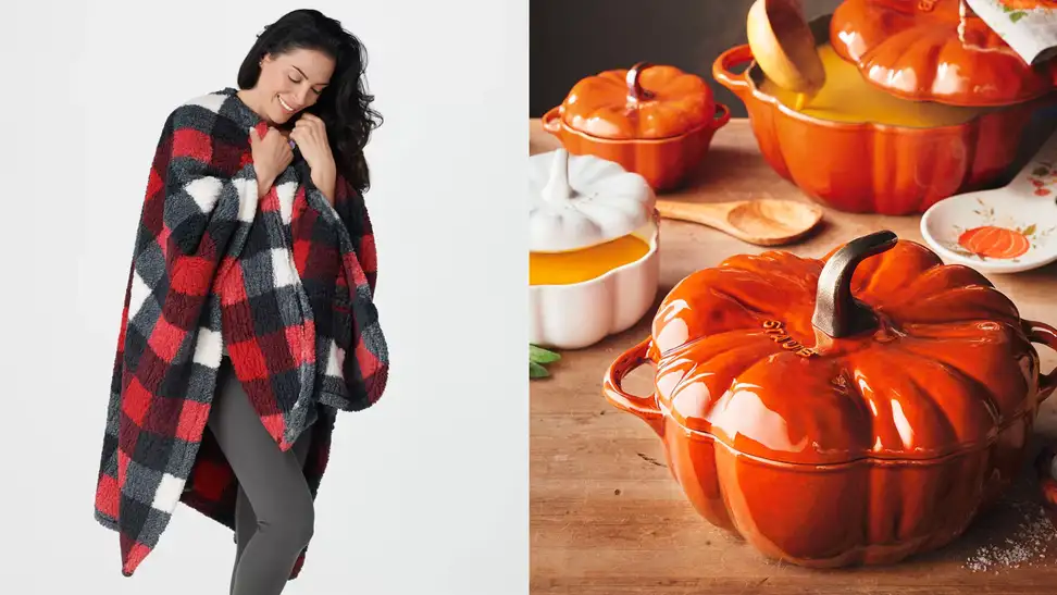 Left: woman wearing checkered cape, right: staub pumpkin cocotte on table