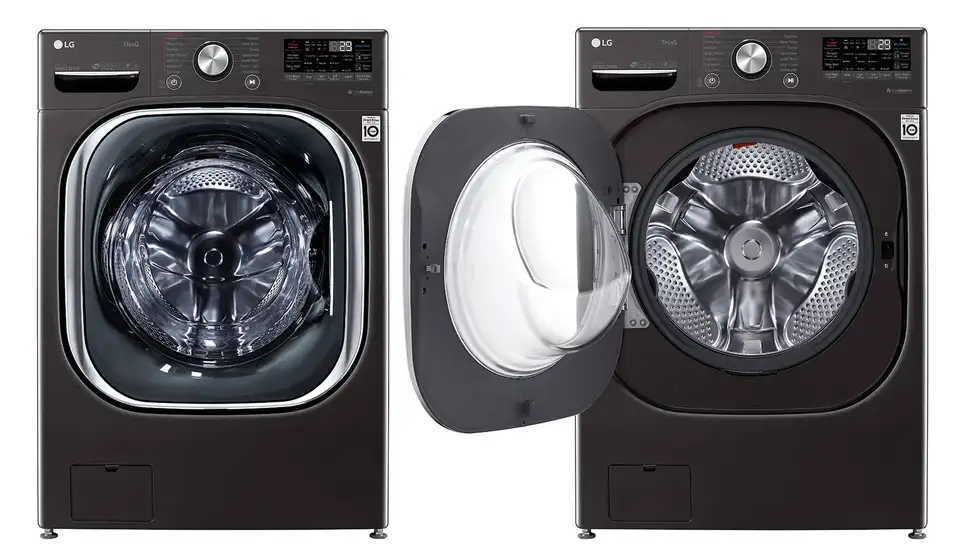 Two instances of the LG WM4500HBA next to each other. The leftmost one has its door closed, the one on the right has its door open.