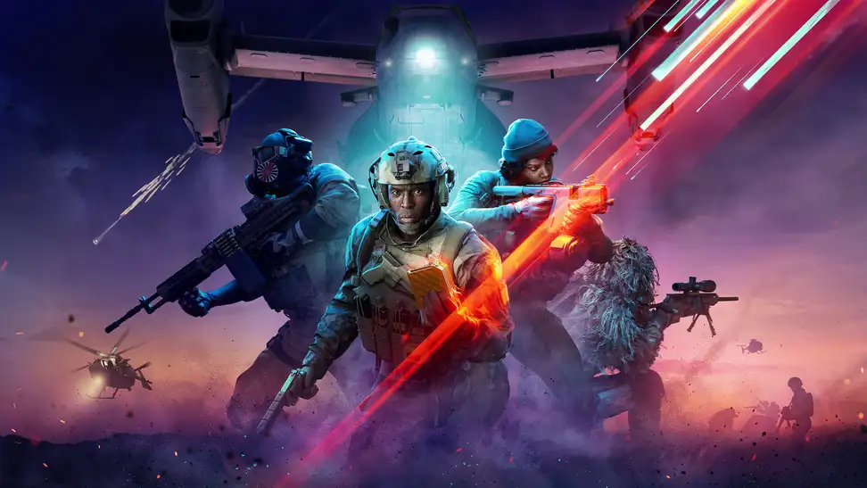 Three soldiers standing in front of a purple sky