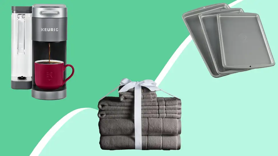 Coffee machine, towel set, and cookie sheets against a green background.