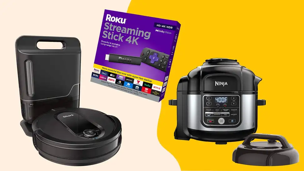 Robot vacuum, streaming device and air fryer together.