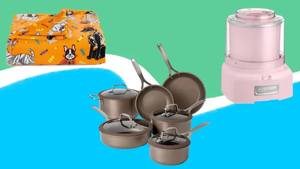 Blankets, cookware, and small appliance against a colorful background.